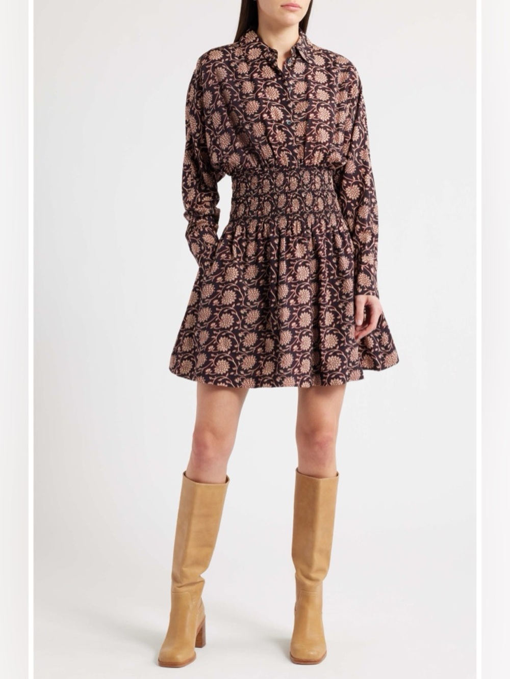 NWT Madewell Shirred Floral Mini Shirtdress Dark Karob Size Small